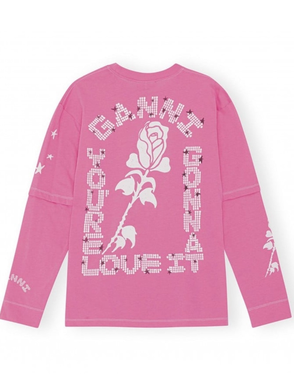 Ganni Bright Pink Long Sleeve Tee with White Rose Sleeve Print